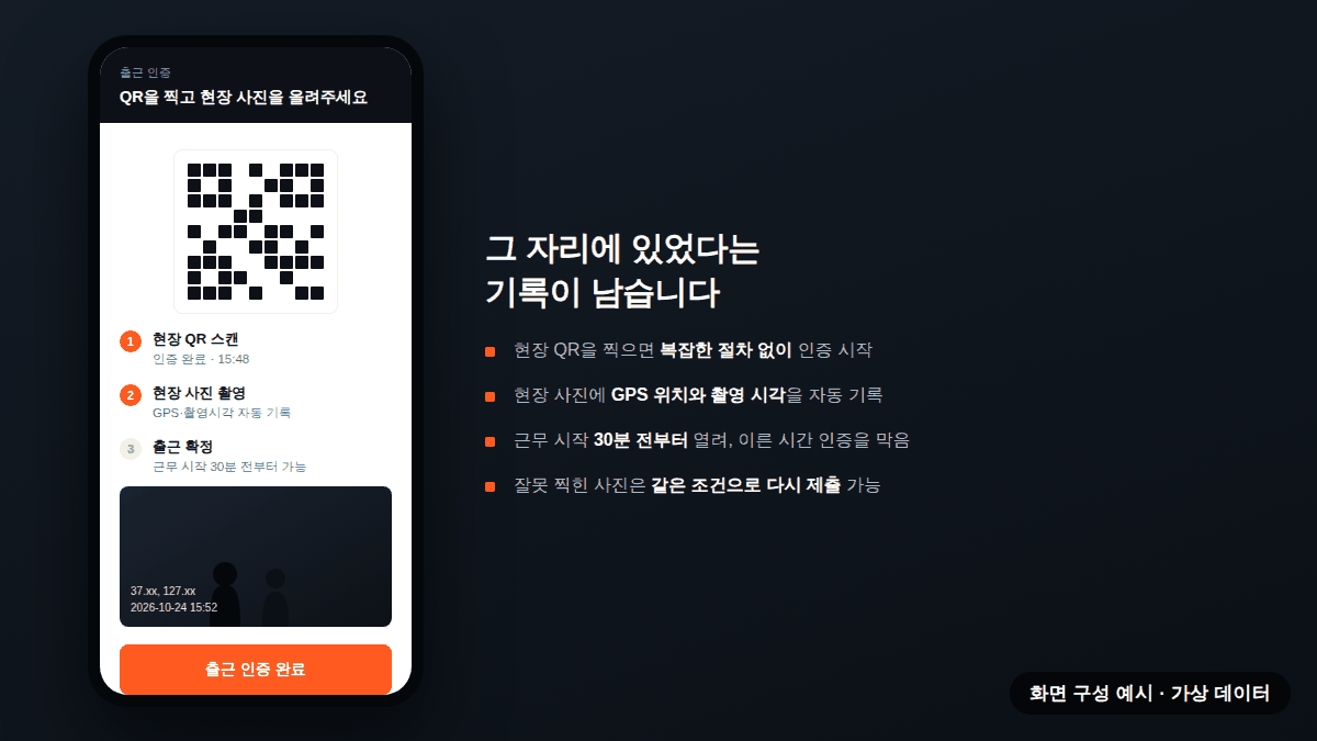 PROMOTOR 출근 인증 화면 예시 — QR 스캔, GPS·촬영시각이 남는 현장 사진